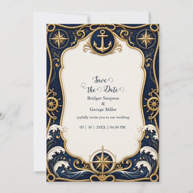 Convite Âncora de Casamento Náutico Luxo Navy Dourado (Frente)