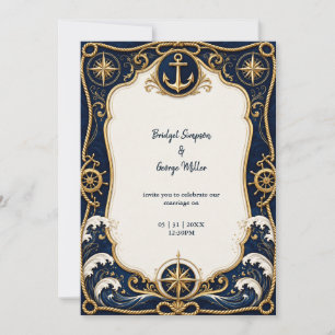 Convite Âncora de Casamento Náutico Luxo Navy Gold