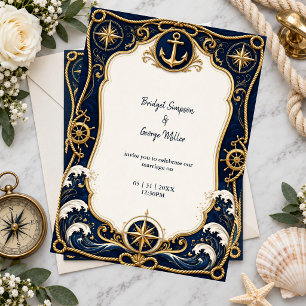 Convite Âncora de Casamento Náutico Luxo Navy Gold