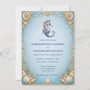 Convite âncora de cavalo-marinho tema praia casamento