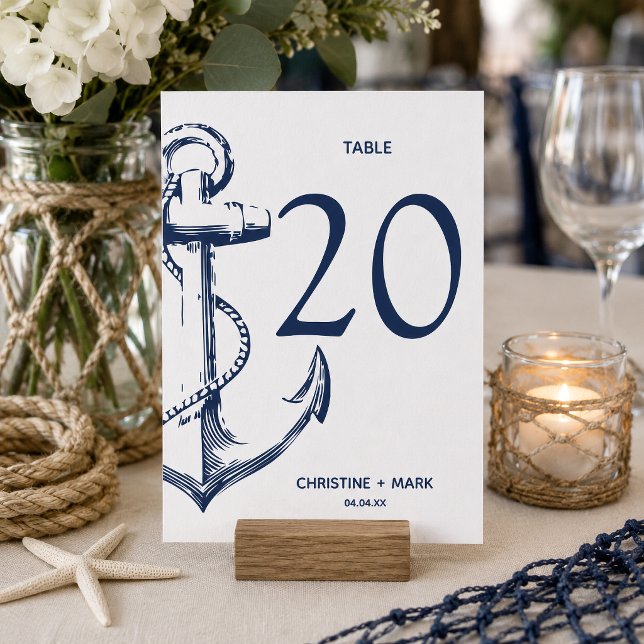 Convite Âncora de Esboço Náutico da Marinha | Números da M (Nautical Anchor themed table number card that is customizable and perfect for your table decor.
)