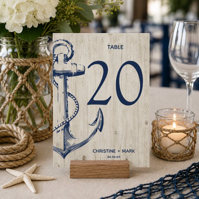 Convite Âncora de Esboço Náutico Marinho em Madeira Rústic (Nautical themed table number card that is customizable.
)