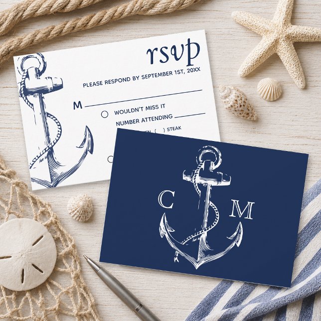 Convite Âncora de Esboço Náutico Marinho | Opção de Refeiç (Tie the knot with this navy nautical sketch anchor wedding rsvp. )