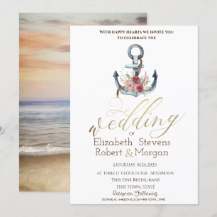 Convite Âncora de Flores de Aquarela Casamento Náutico