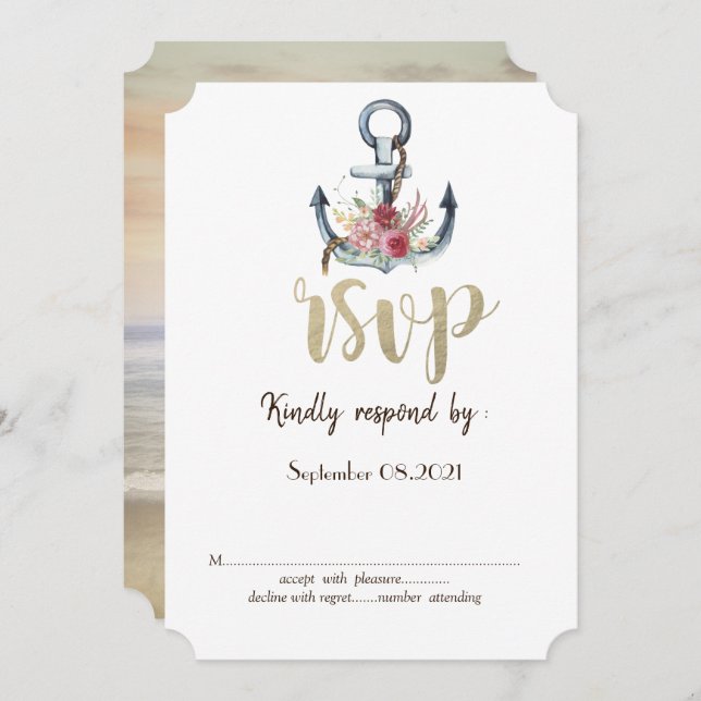 Convite Âncora de Flores em Aquarela Resposta de RSVP Náut (Frente/Verso)