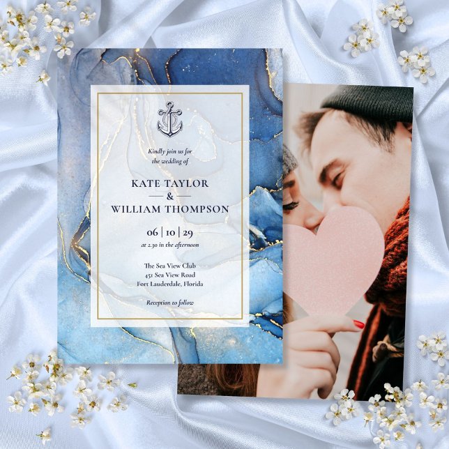 Convite Âncora de Fotografia de Noiva Azul Náutico e Ágata (Nautical Blue And Gold Agate Anchor Wedding Photo Invitation)