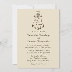Convite Âncora de Navio Casamento Náutico Vintage Marrom B