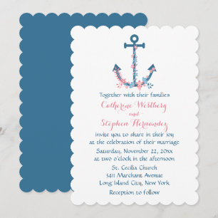 Convite Âncora de Navio Floral Náutica Flores Azuis e Rosa