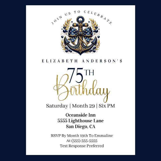 Convite Âncora de Proa Náutica Azul e Dourada para 75º Ani (Blue and gold nautical 75th birthday invitation)