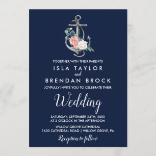 Convite Âncora Floral  Casamento Marinho de Verão