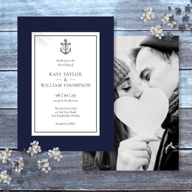 Convite Âncora Náutica Azul Marinho E Branco Foto De Casam (Nautical Anchor Navy Blue And White Wedding Photo Invitation)