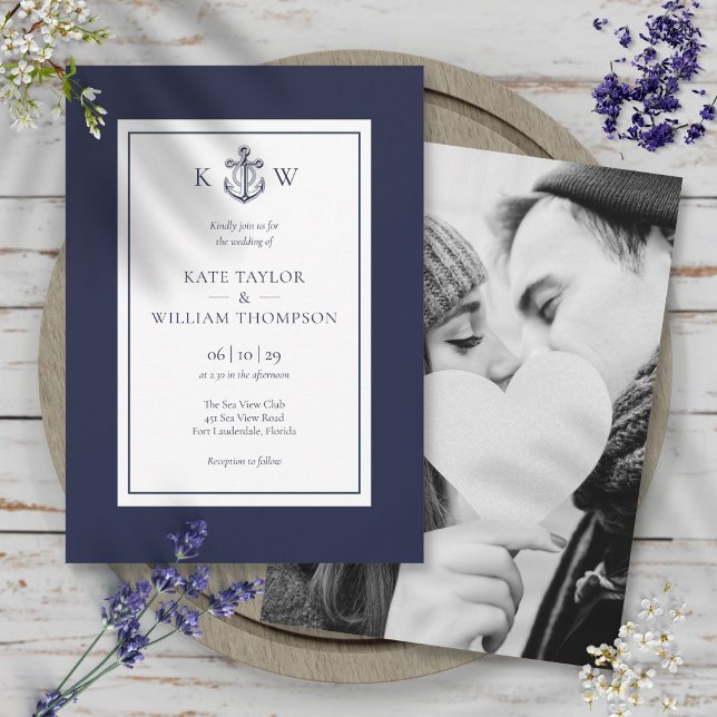 Convite Âncora Náutica Azul Marinho Fotografia de Casament (Nautical Anchor Navy Blue Monogram Wedding Photo Invitation)