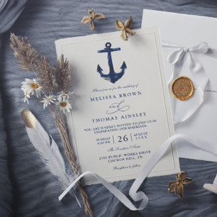 Convite Âncora Náutica Azul Moderno Chic Elegante Casament