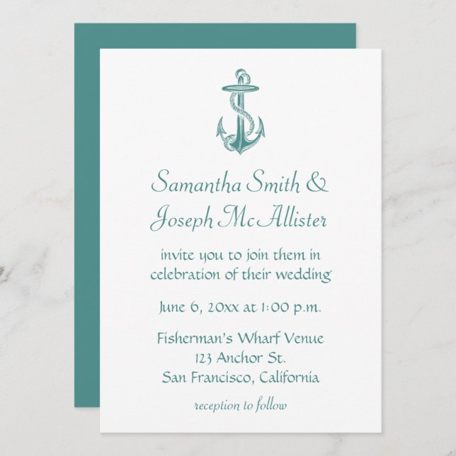 Convite Âncora Náutica Casamento Vintage Azul Verde (Frente/Verso)