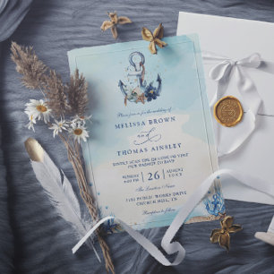 Convite Âncora Náutica Chic Praia Casamento Moderno Código