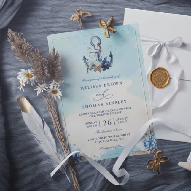 Convite Âncora Náutica Chic Praia Casamento Moderno Código (Criador carregado)