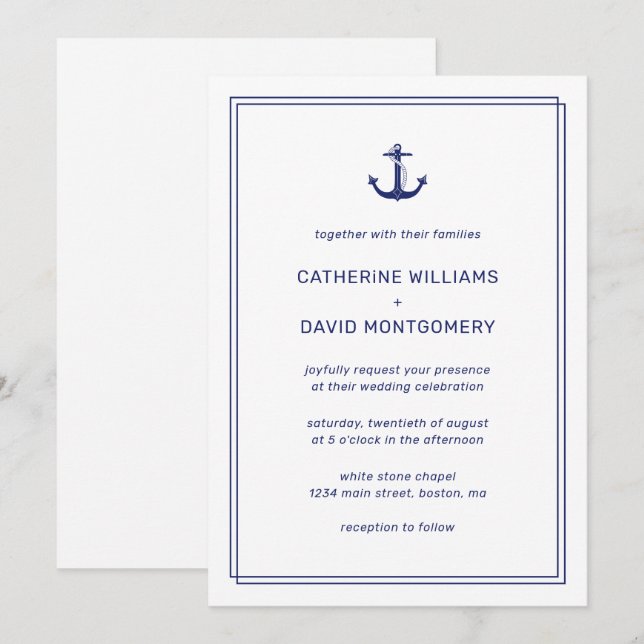 Convite Âncora Náutica Marinha e Branco Casamento Minimali (Frente/Verso)