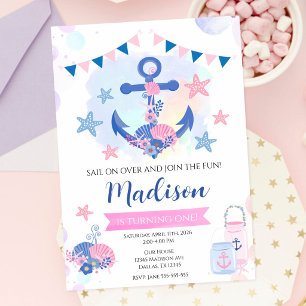 Convite Âncora Naval Rosa Náutico Menina 1º Aniversário