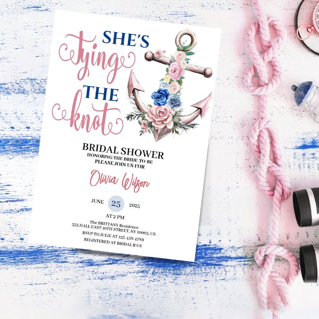 Convite Âncora Rosa Amarrando o Nó Chuveiro de Noiva Náuti (Anchor Rose Tying the Knot Nautical Bridal shower floral summer for her blush pink bride to be invit)