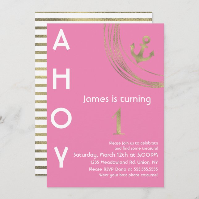 Convite Ancoragem Dourada Faux Pirata primeiro aniversario (Frente/Verso)