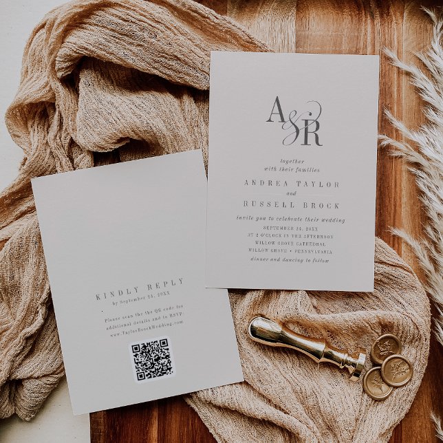 Convite ANDREA Beige QR Code Classic Elegant Wedding (ANDREA Beige QR Code Classic Elegant Wedding Invitation)