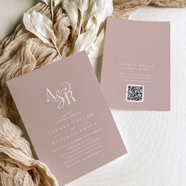 Convite ANDREA Blush Pink QR Code Classic Elegant Wedding (ANDREA Blush Pink QR Code Classic Elegant Wedding Invitation)