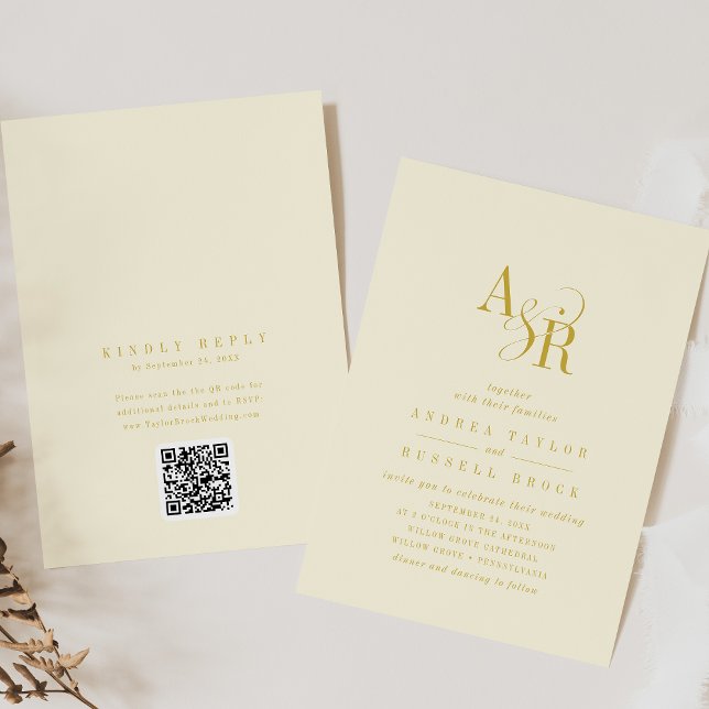 Convite ANDREA Butter Yellow QR Code Elegant Wedding (ANDREA Butter Yellow QR Code Elegant Wedding Invitation)