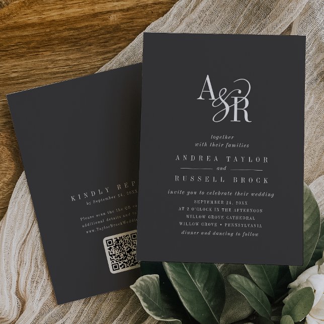 Convite ANDREA Código QR Cinzas Academia Dark Iniciais Cas (ANDREA QR Code Gray Dark Academia Initials Wedding Invitation)
