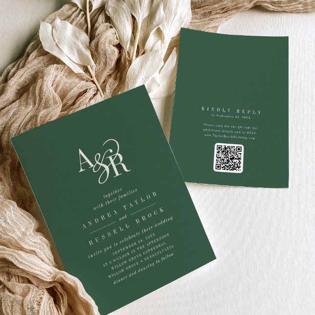 Convite ANDREA Dark Green QR Code Classic Elegant Wedding (ANDREA Dark Green QR Code Classic Elegant Wedding Invitation)