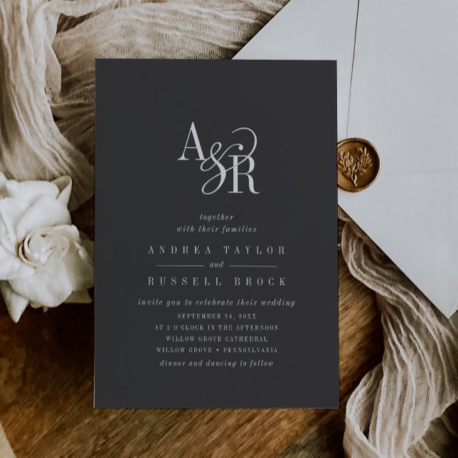Convite ANDREA Monograma Cinza Escura Clássica Casamento M (ANDREA Monogram Classic Dark Gray Moody Wedding Invitation)