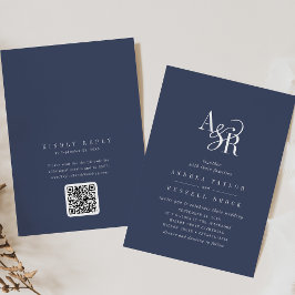 Convite ANDREA Navy Blue QR Code Classic Elegant Wedding