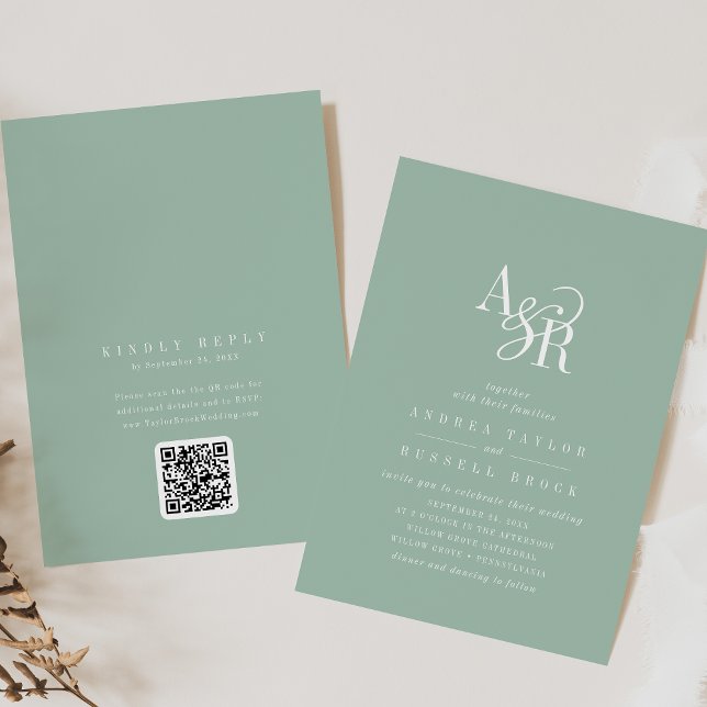 Convite ANDREA Sage Green QR Code Classic Elegant Wedding (ANDREA Sage Green QR Code Classic Elegant Wedding Invitation)