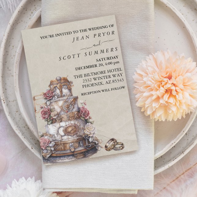 Convite Anéis de Bolo Simples Modernos Steampunk Casamento (Criador carregado)