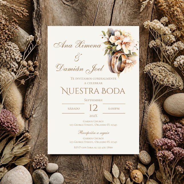 Convite Anéis de casamento boho em espanhol (Criador carregado)