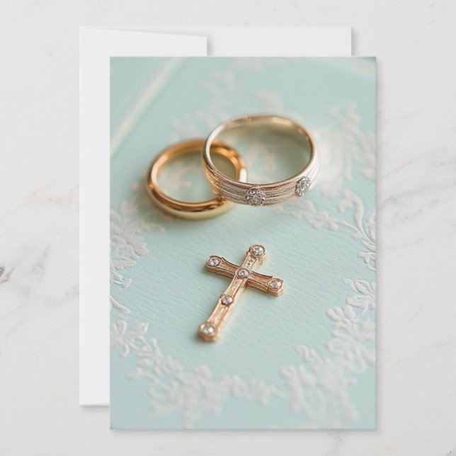 Convite Anéis de casamento de ouro rosa e cruz (Frente)
