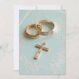 Convite Anéis de casamento de ouro rosa e cruz
