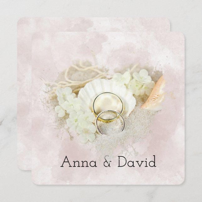 Convite Anéis de Casamento na praia de Seashell Heart (Frente/Verso)