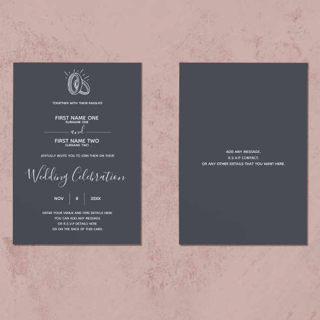 Convite Anéis de casamentos fundo escuro elegante (Contemporary wedding invitation, featuring an elegant script and run drawn wedding rings)