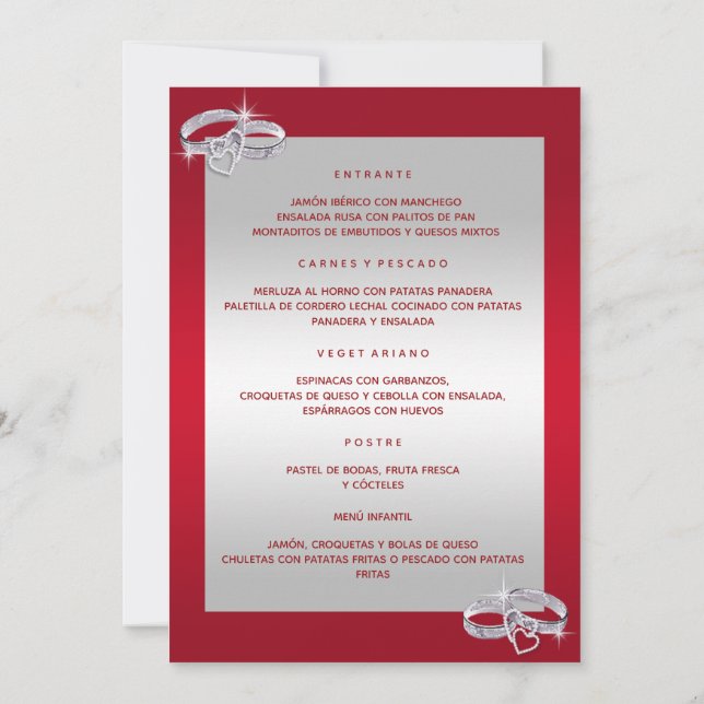 Convite Anéis De Noiva, De Prata E Vermelho Menu (Verso)