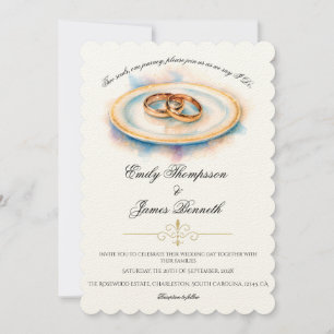 Convite Anéis de Noiva de Rosa Dourada Aquarela Elegante