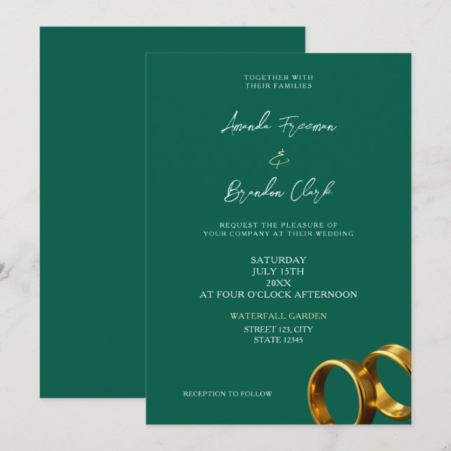 Convite Anéis de Noiva Esmeralda Verde Dourado (Frente/Verso)