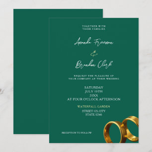 Convite Anéis de Noiva Esmeralda Verde Dourado