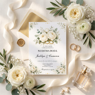 Convite Anéis de Noiva Florais Brancos e Dourados Elegante