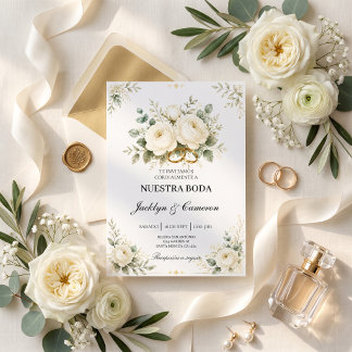 Convite Anéis de Noiva Florais Brancos e Dourados Elegante