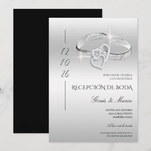 Convite Anéis de Noiva Glitzy Prata Recepção Espanhola