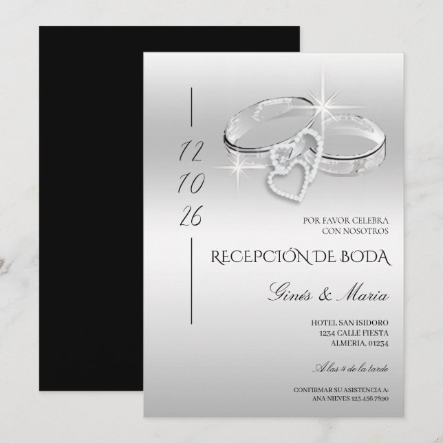 Convite Anéis de Noiva Glitzy Prata Recepção Espanhola (Frente/Verso)