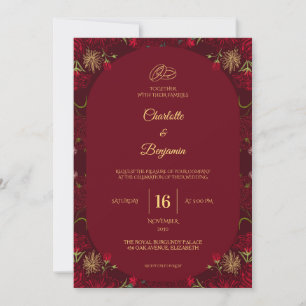 Convite Anéis de Noivado Burgundy Dourado Elegantes