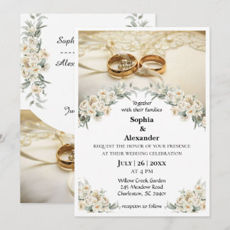 Convite Anéis de Ouro Elegantes e Casamento Floral Verde S