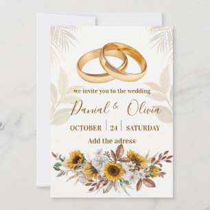 Convite Anéis de Ouro Elegantes Girassol Aquarela Casament