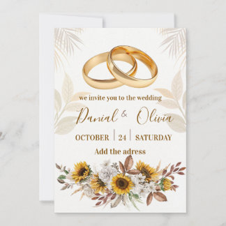 Convite Anéis de Ouro Elegantes Girassol Aquarela Casament